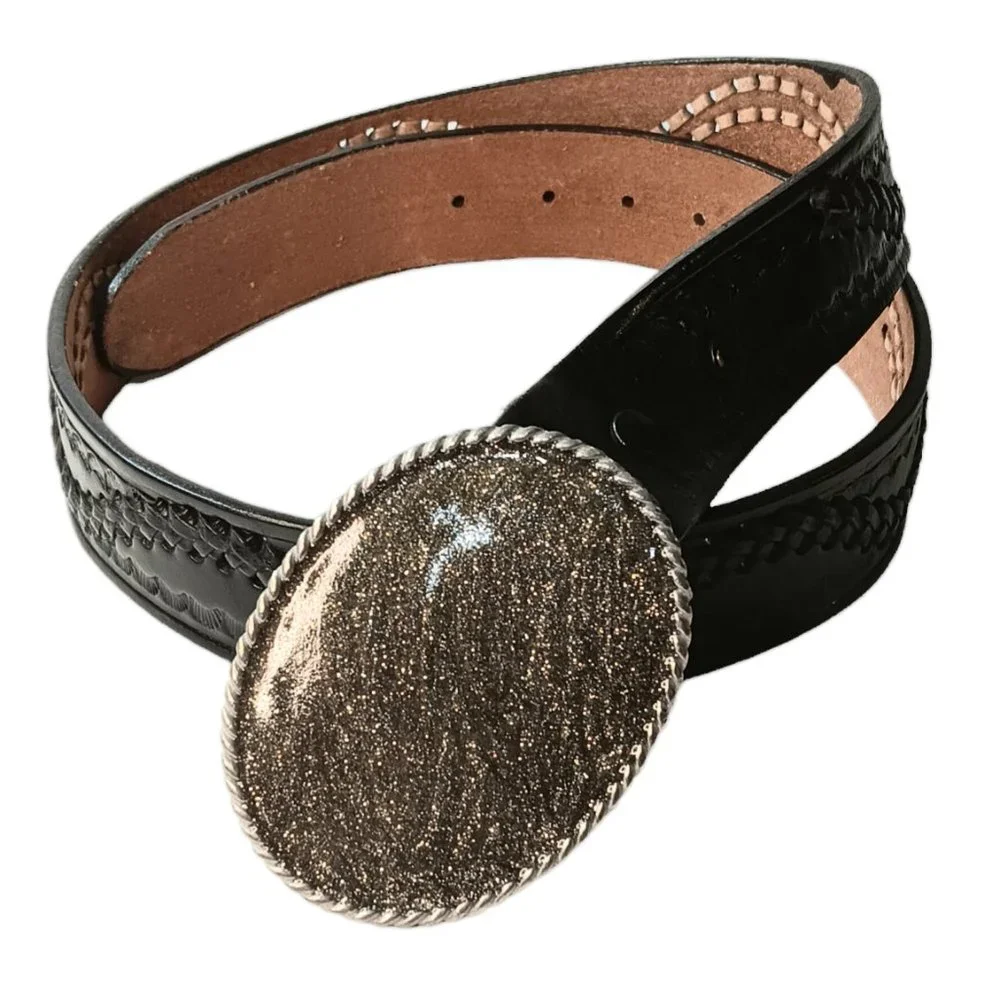 Black Leather Belt Woven Detail Scallop Design Gold Silver Sparkle Buckle
